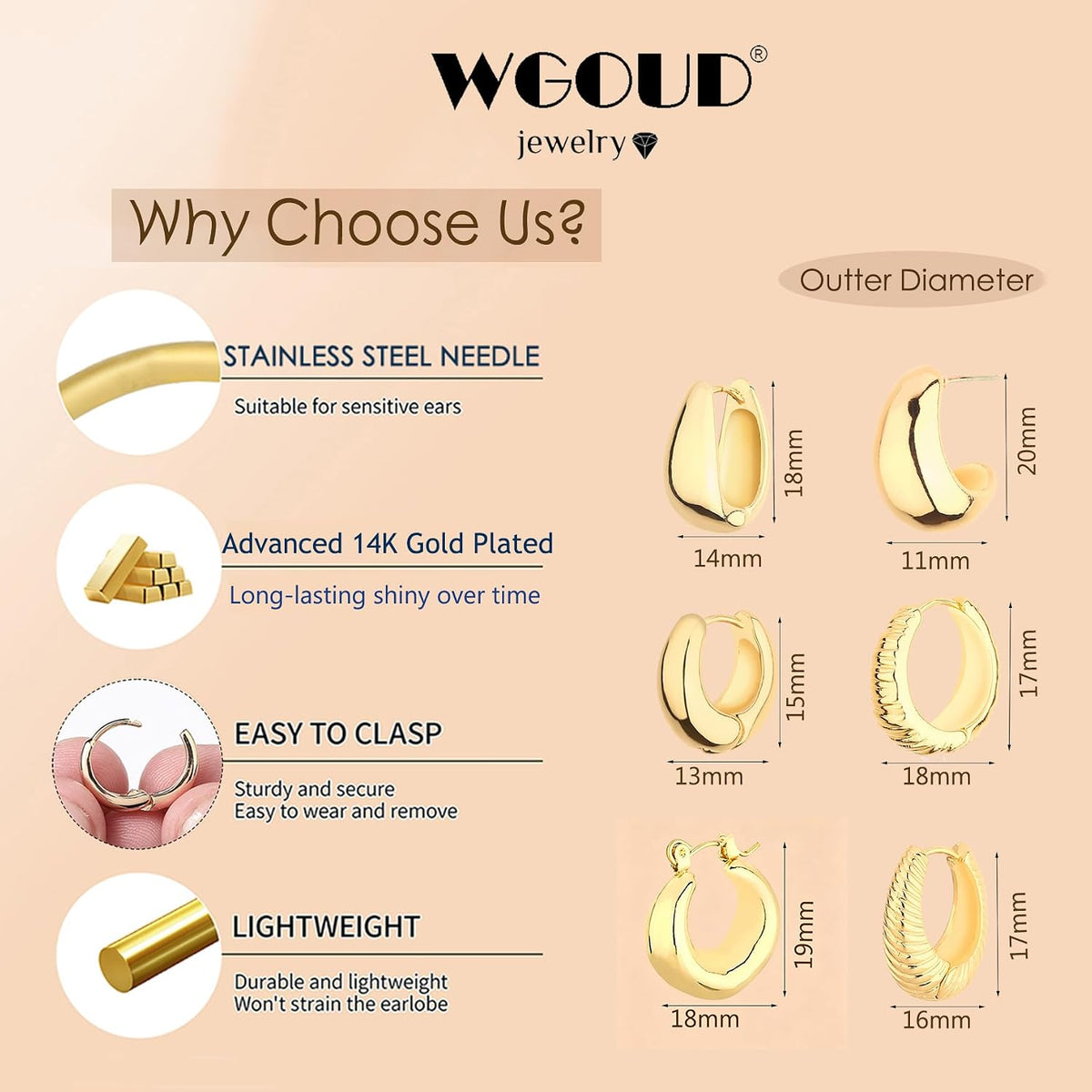 6 Pairs Chunky Gold Hoop Earrings for Women, 14K Gold Plated Hoop Earrings Hypoallergenic, Thick Lightweight Twisted Huggie Hoops Earring Set for Women’s Jewelry GIfts