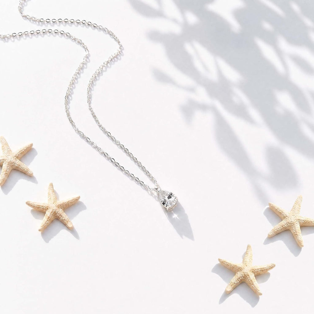 Gold Silver Necklace for Women, Dainty Cubic Zirconia Pendant | Teardrop CZ Charm, 14K Gold/Sterling Silver Plated, Adjustable Chain, Hypoallergenic & Waterproof Jewelry, Cute Trendy Gift