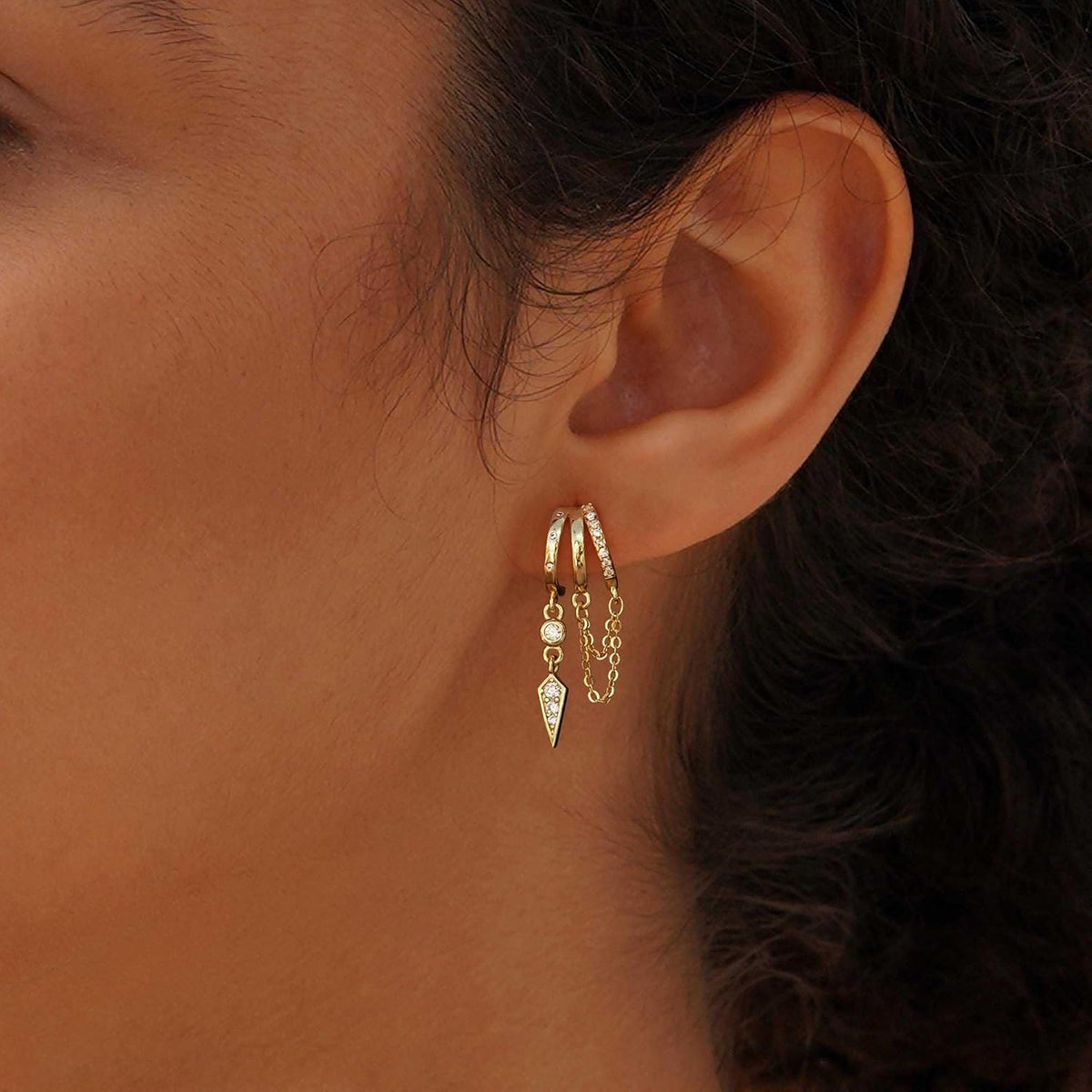 Dangle Earrings for Women,14k Gold Plated Triple Huggie Stud Earrings Cute Statement Chain Earring Dainty Drop Earrings for Women Trendy Gold Plated Jewelry
