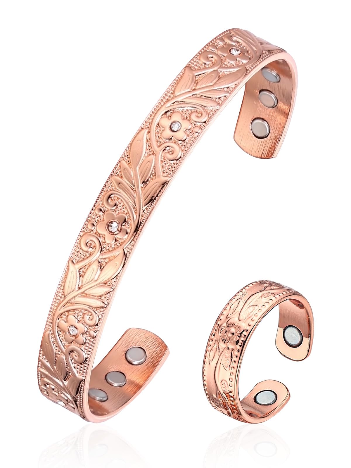BioMag Copper Magnetic Bracelet Set for Women Men, Pure Copper Jewelry Gift | 99.99% Pure Copper Cuff Bangle Lymphatic Drainage Rings with 3500 Gauss Magnets, Adjustable & Flower Pattern, Multicolor