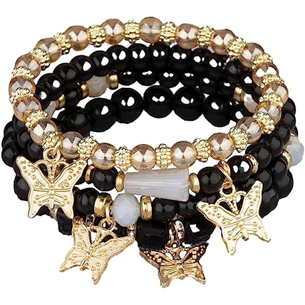 4 Pcs Cute Butterfly Charm Bracelets Set Gold Beaded Stackable Stretch Bracelets Bohemian Summer Jewelry Gifts for Women