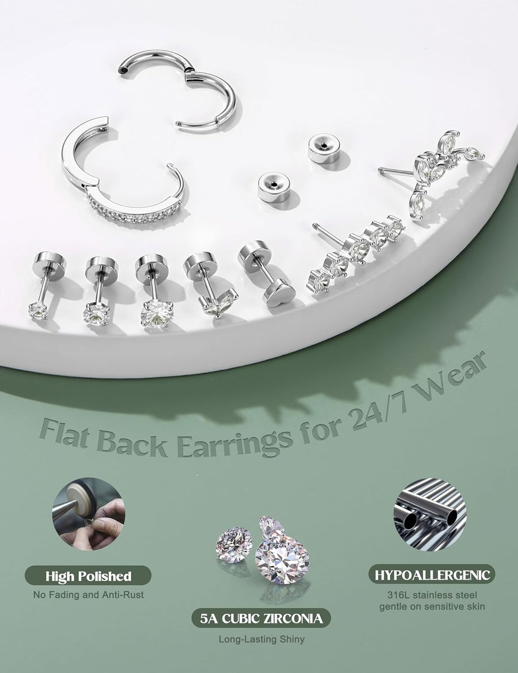 LOLIAS Hypoallergenic Flat Back Earrings-Cartilage Earring Stacks-Surgical Steel Earrings for Sensitive Ears - Small Stainless Steel Flatback Stud Hoop Earring Sets for Helix Tragus Conch Daith Multiple Piercing Jewelry Trendy