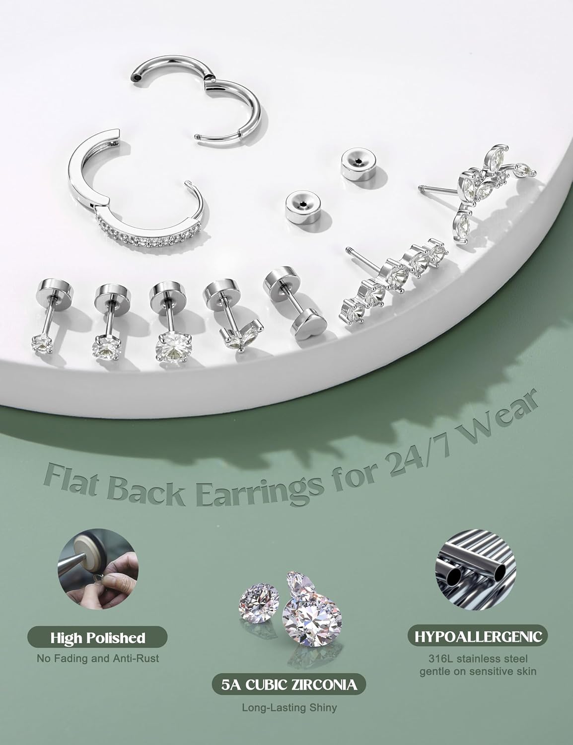 LOLIAS Hypoallergenic Flat Back Earrings-Cartilage Earring Stacks-Surgical Steel Earrings for Sensitive Ears - Small Stainless Steel Flatback Stud Hoop Earring Sets for Helix Tragus Conch Daith Multiple Piercing Jewelry Trendy