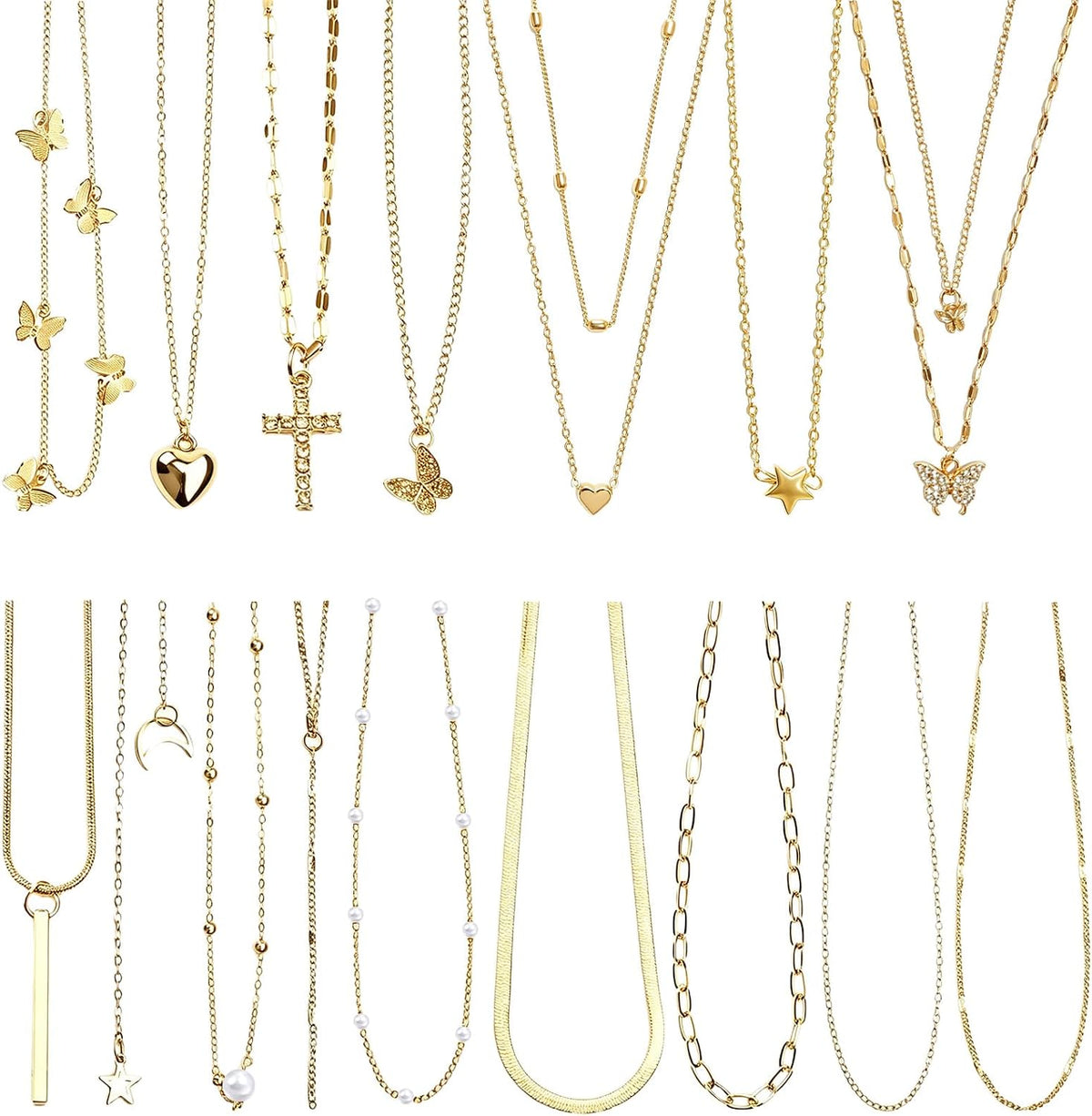 18 Pcs Y2K Necklace Set for Women | Y2K Jewelry and Grunge Necklace Pack, Cross, Heart, Butterfly, Star, Moon Pendants, Pearl Chain, Emo Necklace Layered Set