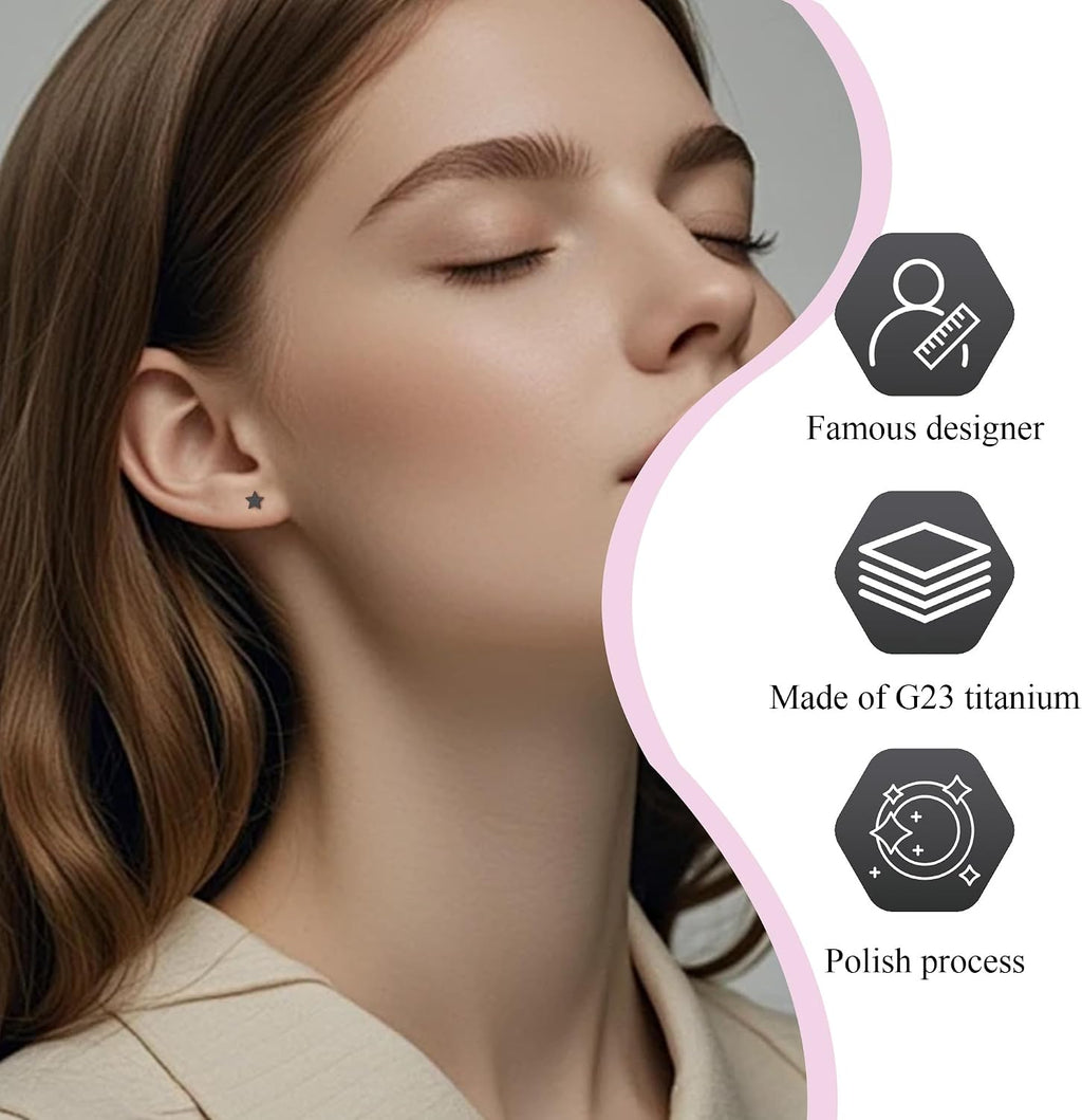 2 Pairs Flat Back Earrings Women, Titanium Star and Moon Earrings, Heart & CZ Flatback Stud, Butterfly & Lightning Screw Back, Crosses and Triangles Stud, Gold/Pink/Silver/Black Options