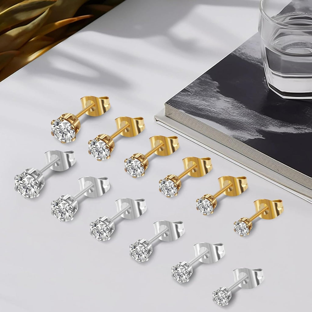 6 Pairs Stud Earrings for Women Men, Silver Gold Stainless Steel Studs Set | 3 4 5 6 7 8mm, Cubic Zirconia, 14K Gold Plated, Hypoallergenic, Flat Back Earrings for Sensitive Ears, Jewelry Gift Idea