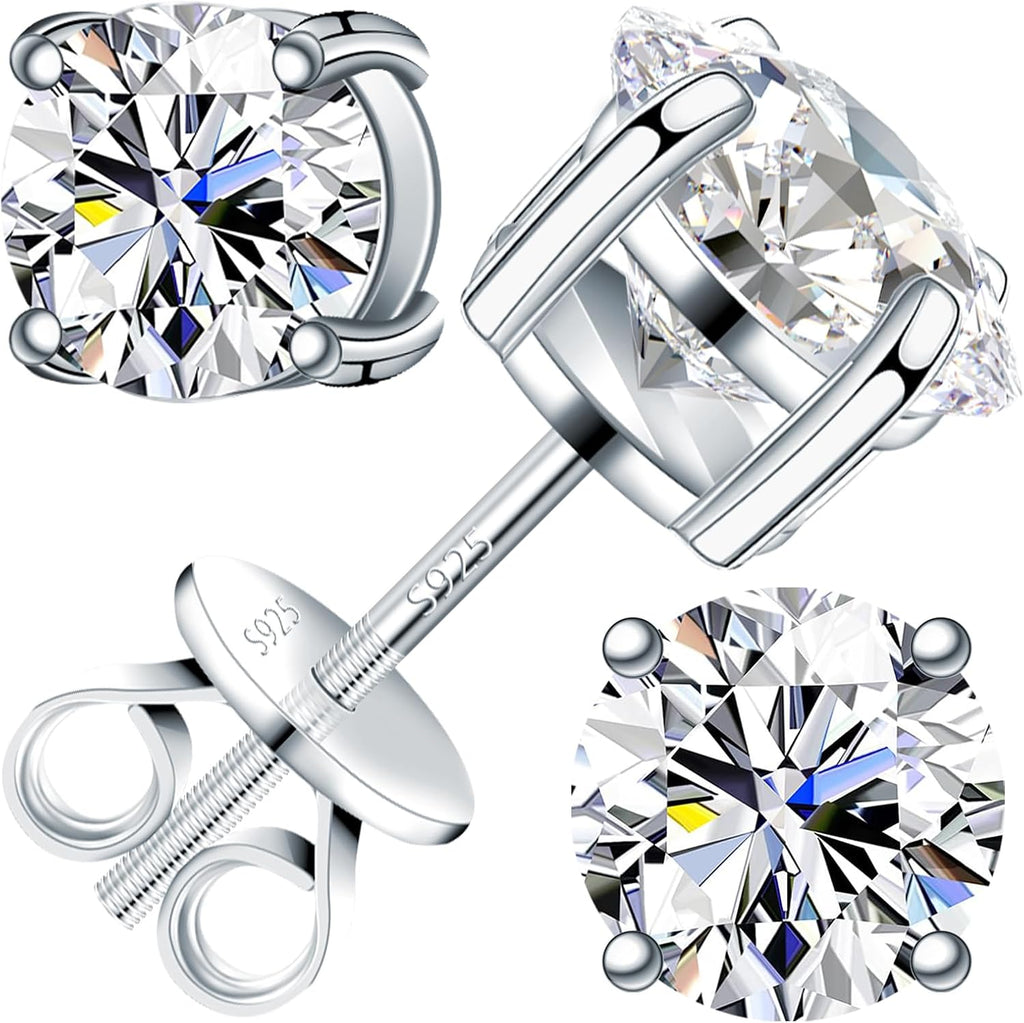Moissanite Earrings for Men Women, 0.2ct-3.0ct Men 925 Sterling Silver Earrings, Round Cut Diamond Stud Earrings for Women