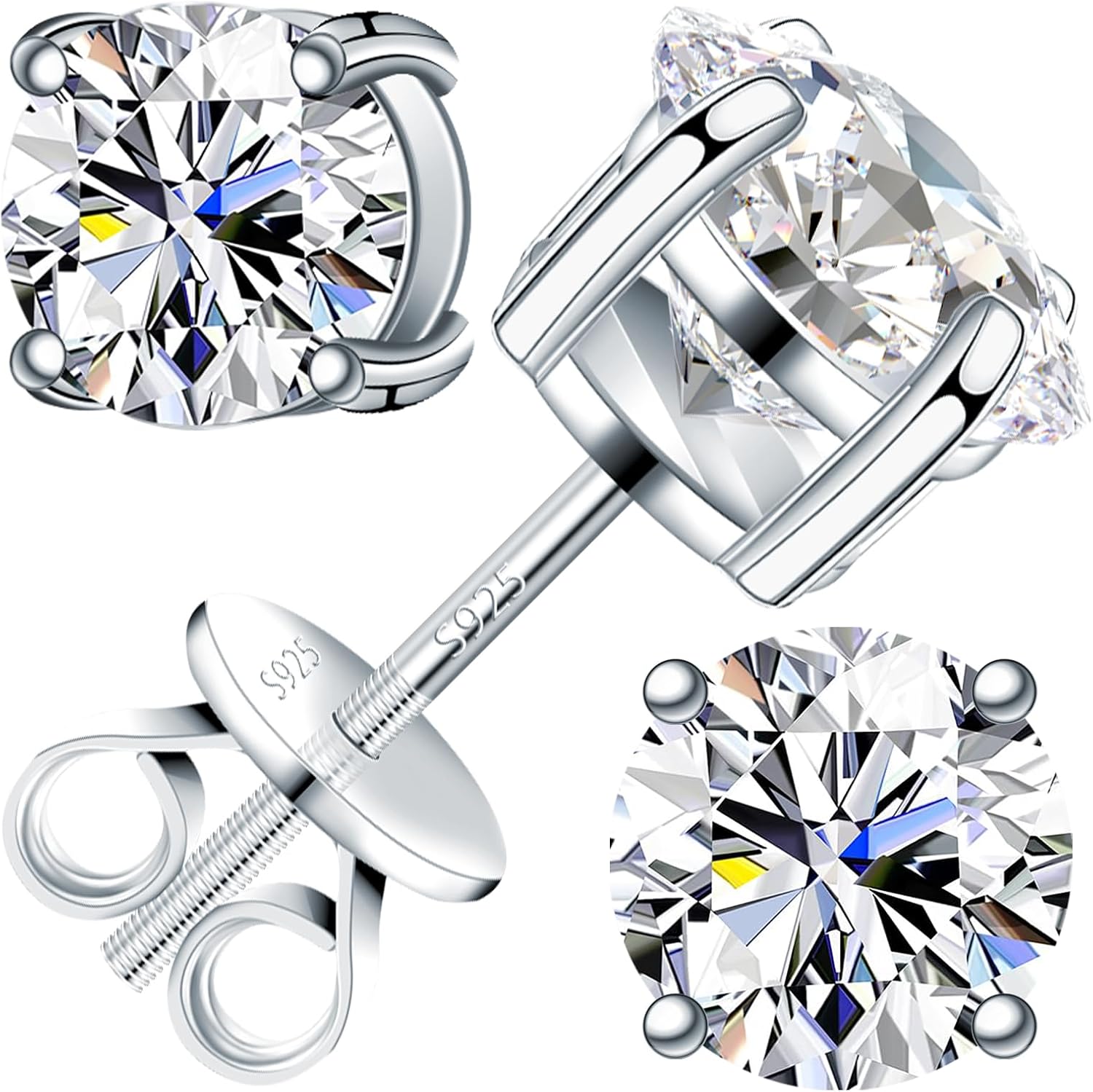 Moissanite Earrings for Men Women, 0.2ct-3.0ct Men 925 Sterling Silver Earrings, Round Cut Diamond Stud Earrings for Women