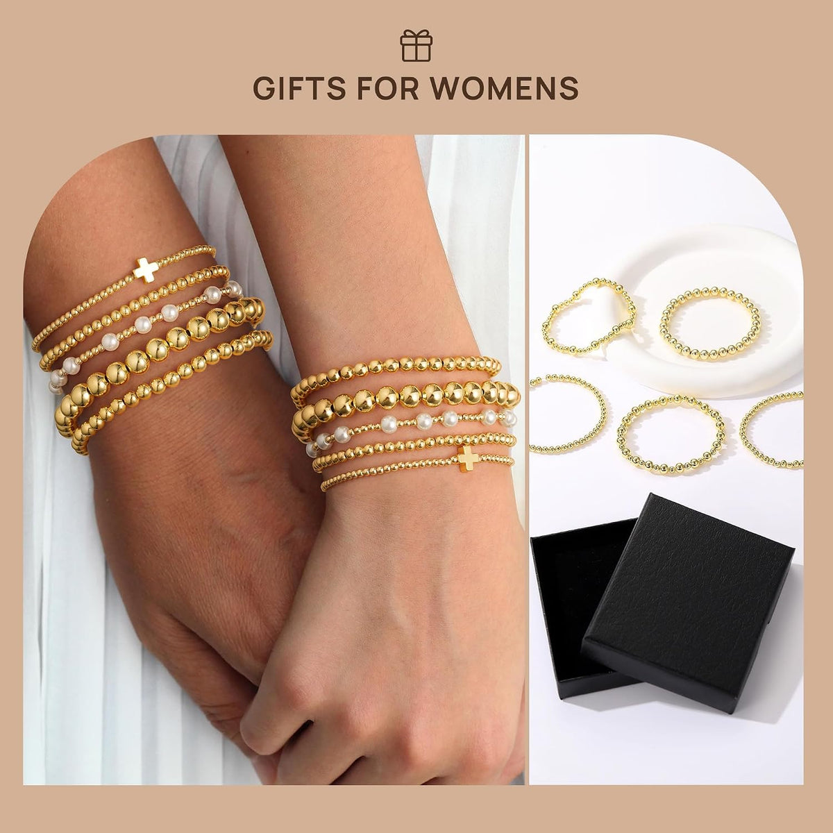 Yoosteel Gold Beaded Bracelets for Women Teen Girls, Gold Plated Jewelry | Gold Stackable Stretch Bracelets, Dainty Round Beaded Pearl Cross Bracelet Stack, Women Teenage Girls Birthday Gifts Jewelry