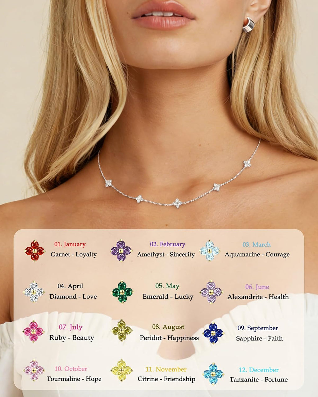 Dainty Clover Birthstone Gold Necklaces for Women Trendy Non Tarnish | 14K Gold Plated Necklace Stack, Layered Station Choker Necklace for Women, Prom Wedding Jewelry, Friendship Cute Flower Gifts