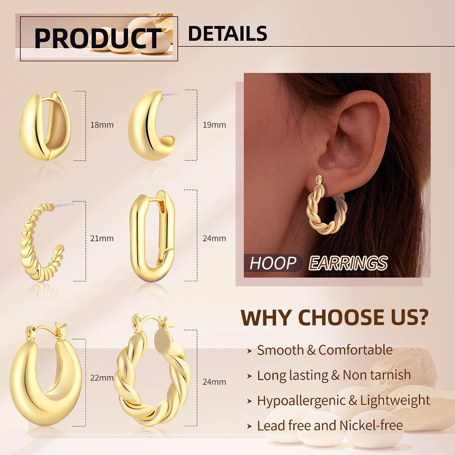 6 Pairs 14K Gold Plated Hoop Earrings for Women Lightweight Chunky Hoop Earrings Multipack Hypoallergenic, Thick Open Twisted Huggie Hoops Earring Set Jewelry for Gifts.