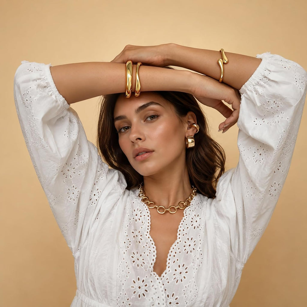 Chunky Gold Bangle Bracelets for Women Trendy 14K Gold Plated Cuff Bracelets Stack, Dainty Gold Bracelet Sets Non Tarnish Fashion Jewelry Gift