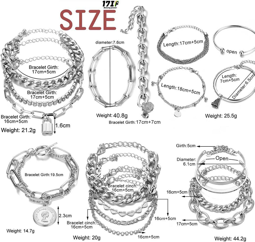 17IF 18-25 PCS(6 Pack) Boho Gold Silver Stackable Bracelets Set for Women | Chunky Dainty Bangles Adjustable Chain Flat Cuff Cuban Punk Charm Bundle Jewelry