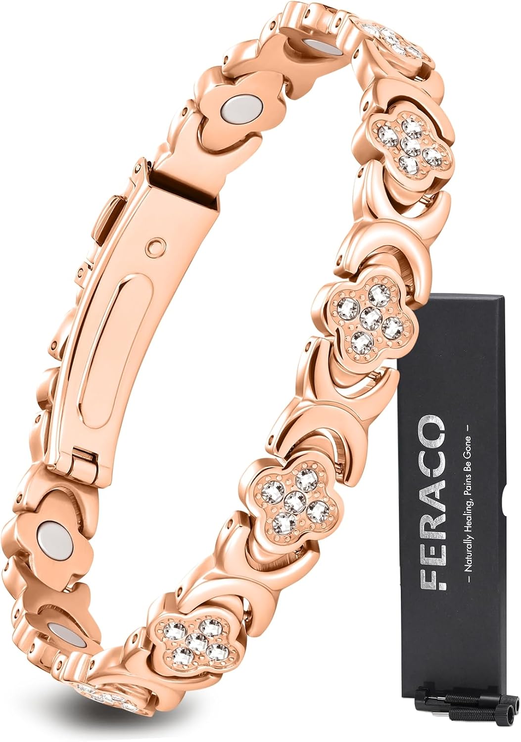Feraco Pure Copper Bracelets for Women, Ultra Strength Magnetic Bracelet | Neodymium Magnets & Sparkling Cubic Zirconia, Adjustable, Infinite Clover Jewelry