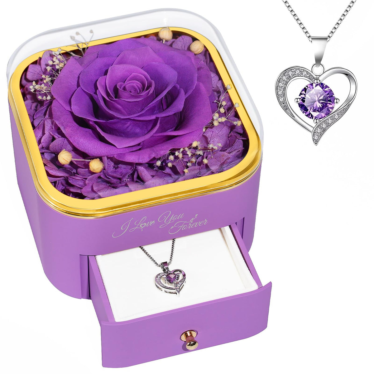 Beferr Birthday Gifts for Women Preserved Real Rose with Necklace Eternal Purple Roses Forever Flowers for Delivery Anniversary Mothers Day Flower Gifts for Mom Wife Grandma Daughter Her Girlfriend