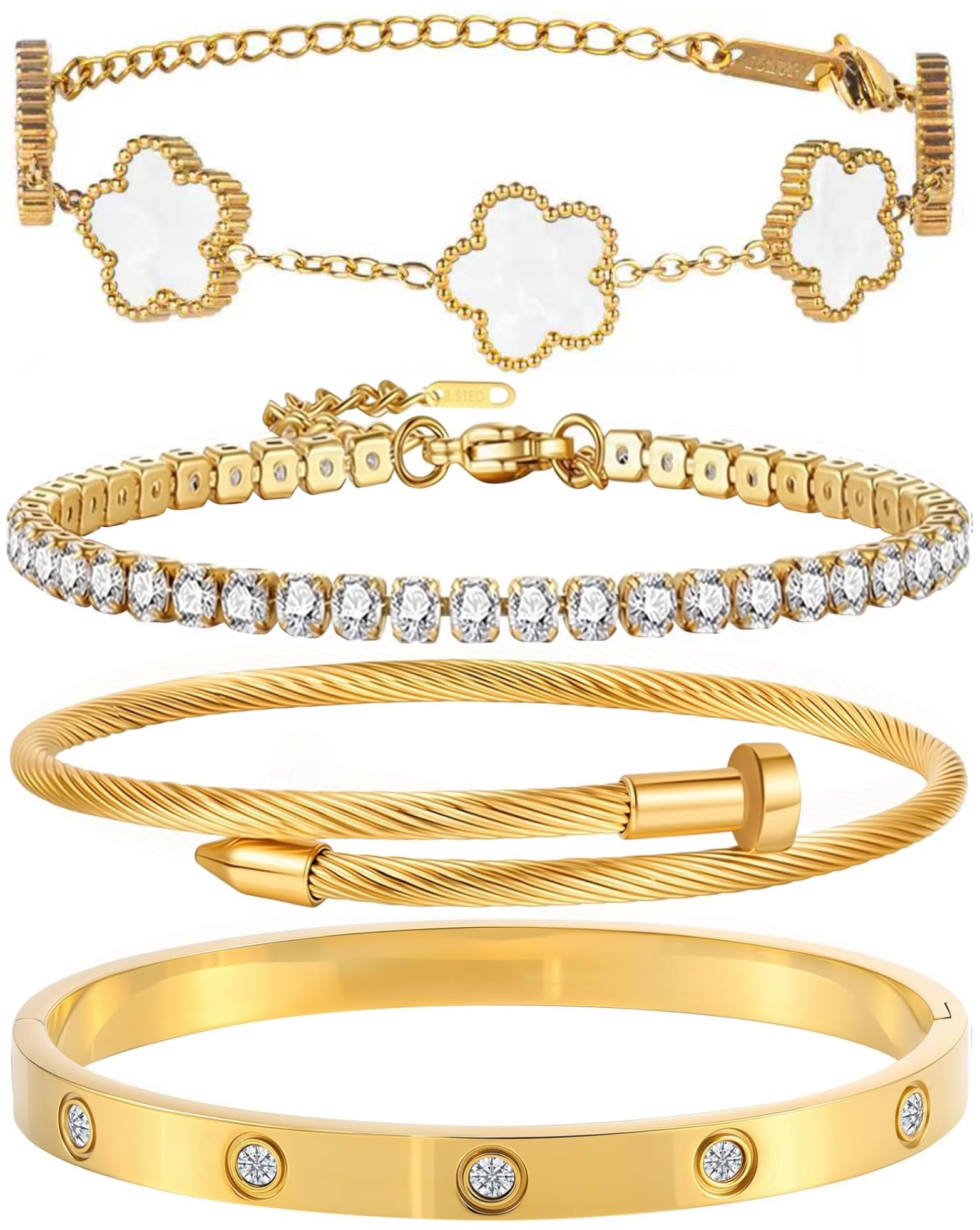 18K Gold Plated Bangle Bracelet Set for Women Stackable Lucky Floral Adjustable Tennis Bracelet Non Tarnish Gift Jewelry for Christmas Valentines Birthday Mother's Day