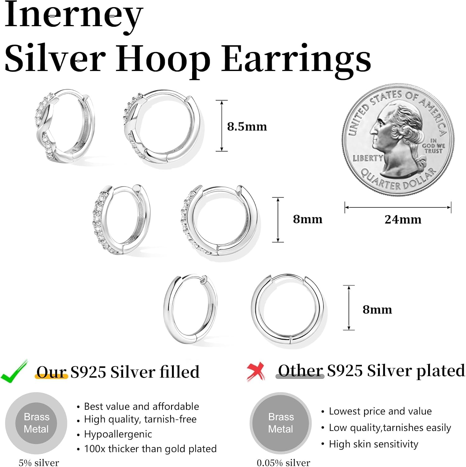 Inerney 14K Gold Plated Huggie Hoop Earrings for Women, Small Sterling Silver Earring Set Hypoallergenic Cartilage Helix Stacks, Mini Dainty Cute Trendy Birthstone Jewelry Gift for Multiple Piercings