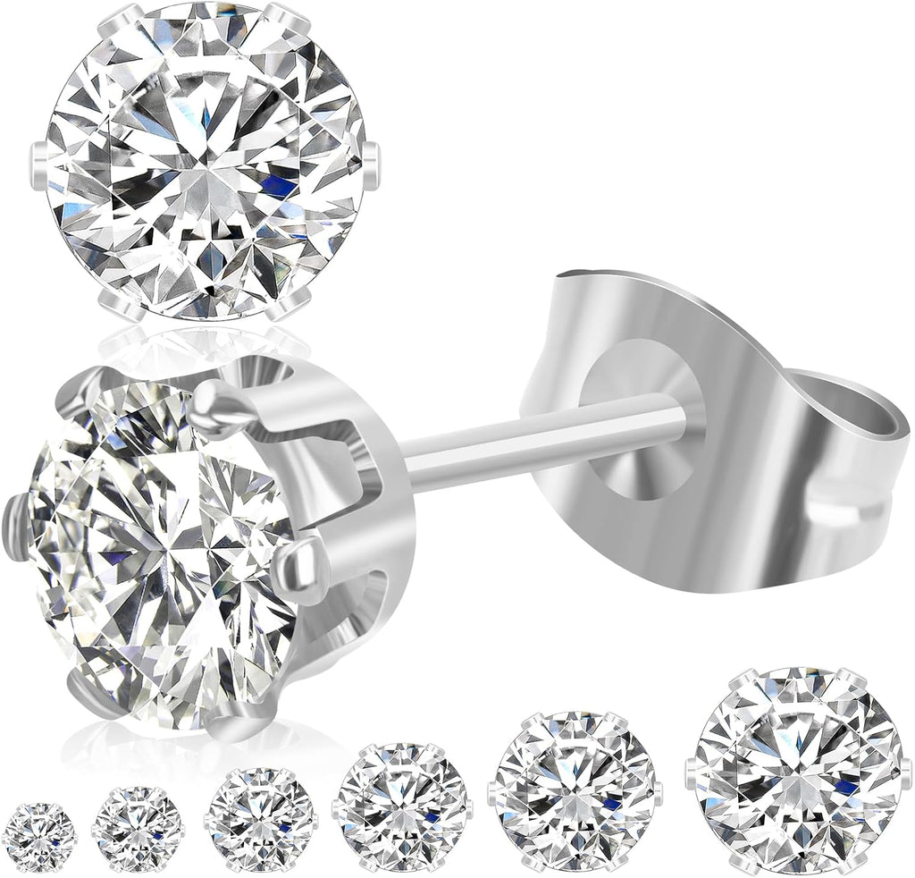 6 Pairs Stud Earrings for Women Men, Silver Gold Stainless Steel Studs Set | 3 4 5 6 7 8mm, Cubic Zirconia, 14K Gold Plated, Hypoallergenic, Flat Back Earrings for Sensitive Ears, Jewelry Gift Idea