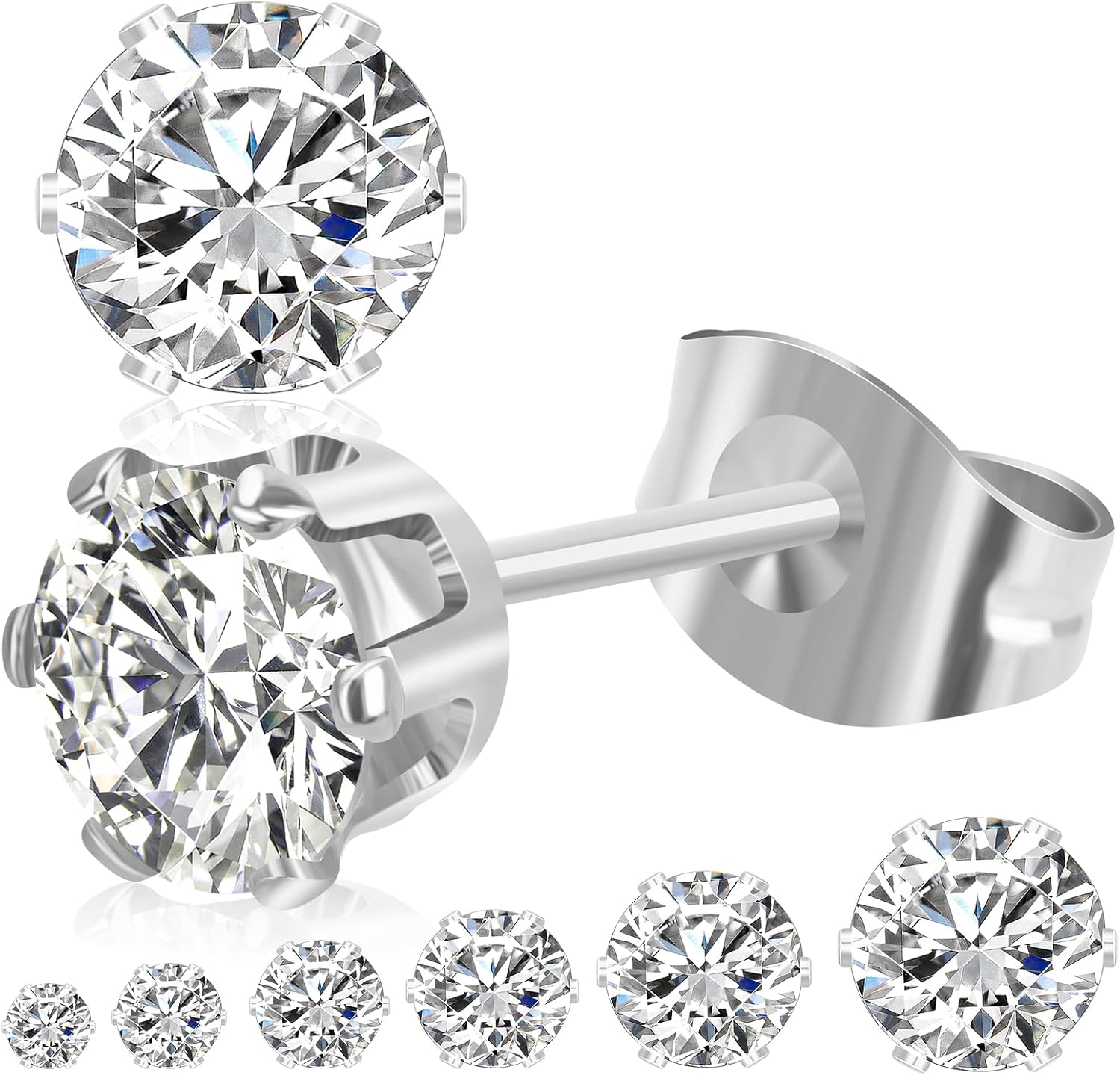 6 Pairs Stud Earrings for Women Men, Silver Gold Stainless Steel Studs Set | 3 4 5 6 7 8mm, Cubic Zirconia, 14K Gold Plated, Hypoallergenic, Flat Back Earrings for Sensitive Ears, Jewelry Gift Idea