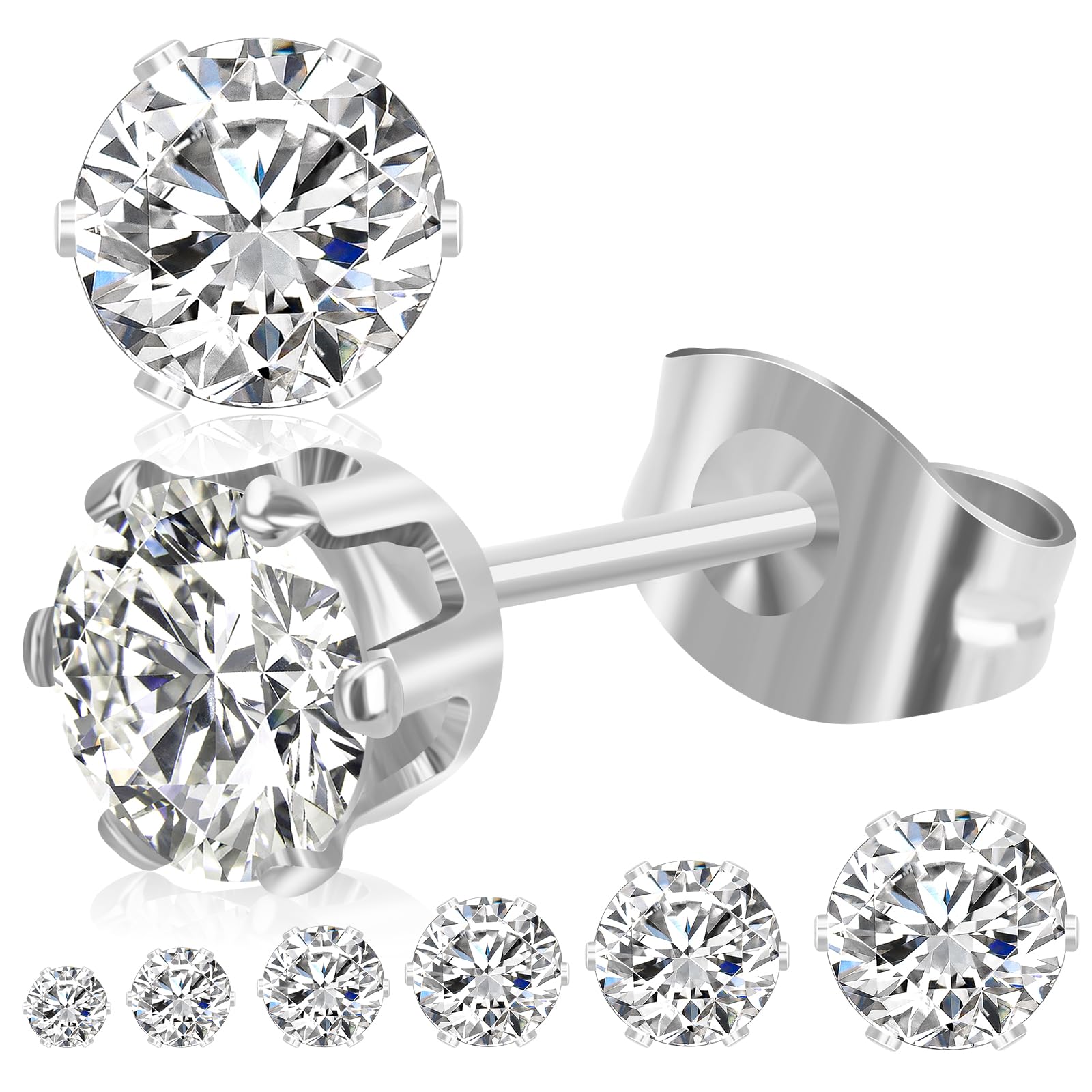 6 Pairs Stud Earrings for Women Men, Silver Gold Stainless Steel Studs Set | 3 4 5 6 7 8mm, Cubic Zirconia, 14K Gold Plated, Hypoallergenic, Flat Back Earrings for Sensitive Ears, Jewelry Gift Idea