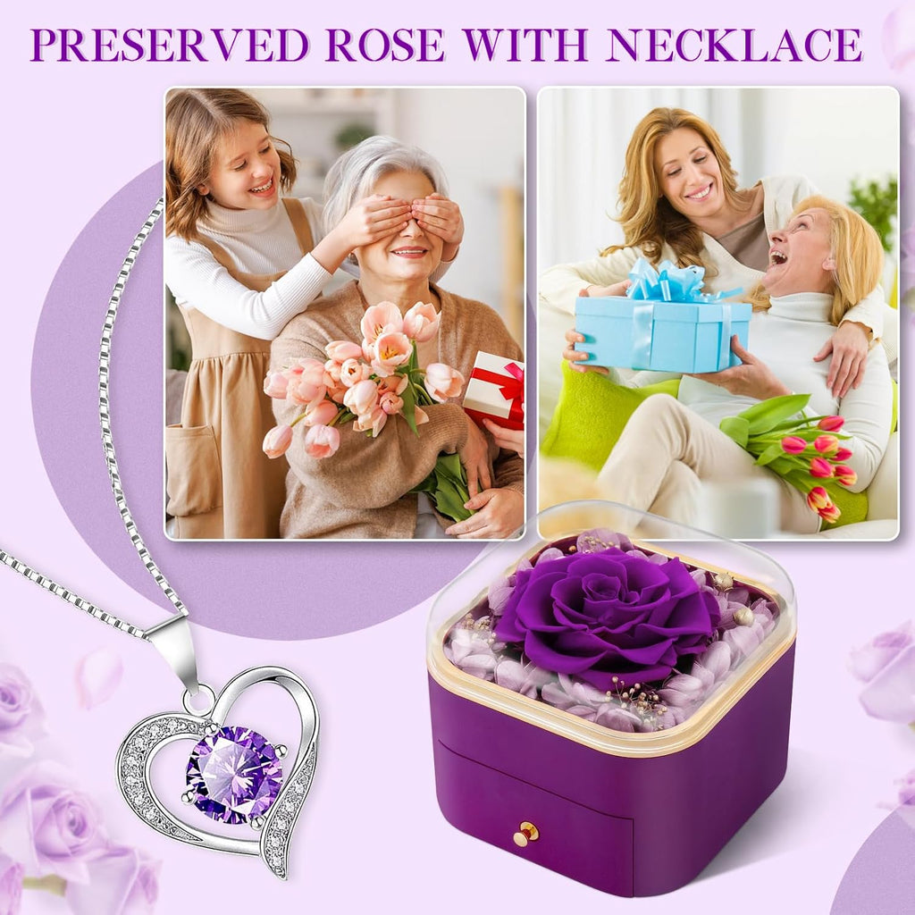 Beferr Birthday Gifts for Women Preserved Real Rose with Necklace Eternal Purple Roses Forever Flowers for Delivery Anniversary Mothers Day Flower Gifts for Mom Wife Grandma Daughter Her Girlfriend