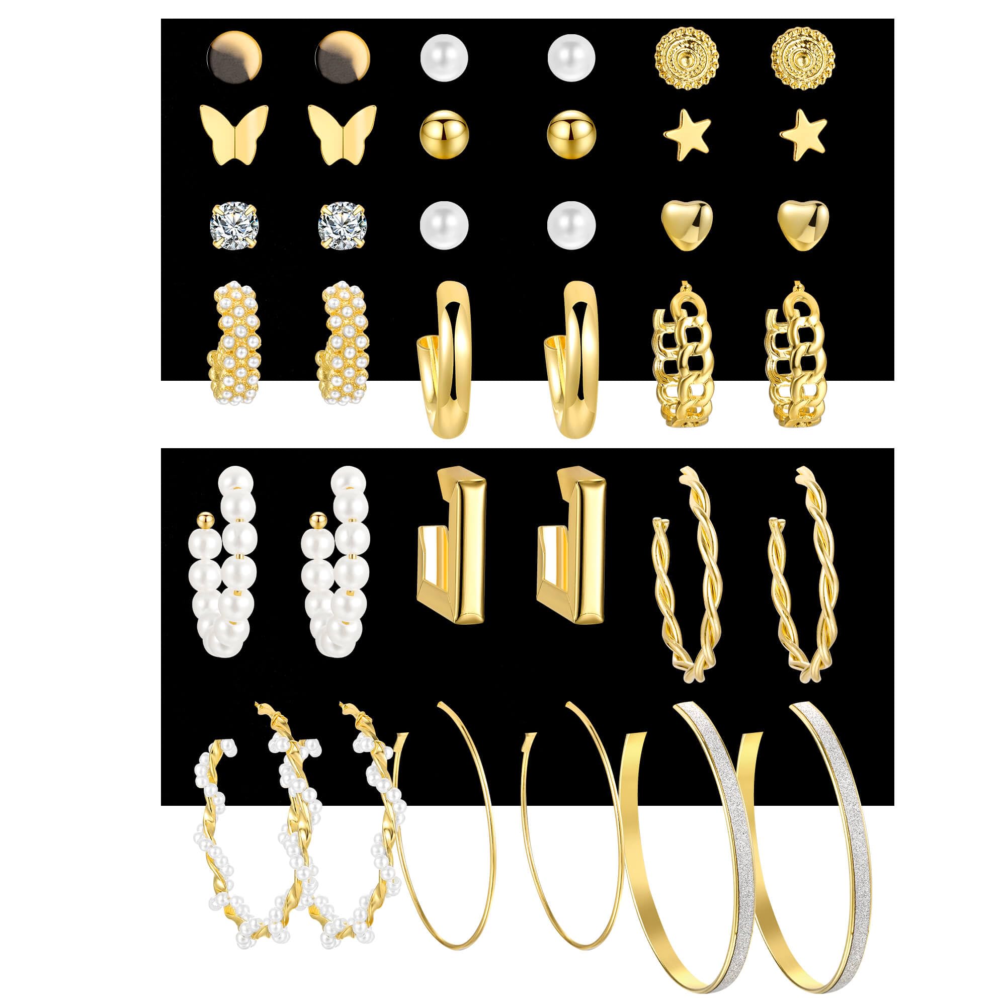 12 Pairs Gold Hoop Earrings Set for Women，Fashion Jewelry Gifts 40mm/50mm | Large/Big, Trendy, Pearl, Multiple Styles, lightweight, 14K Gold-plated, Hypoallergenic, Great for Party/Gathering/Work/Daily