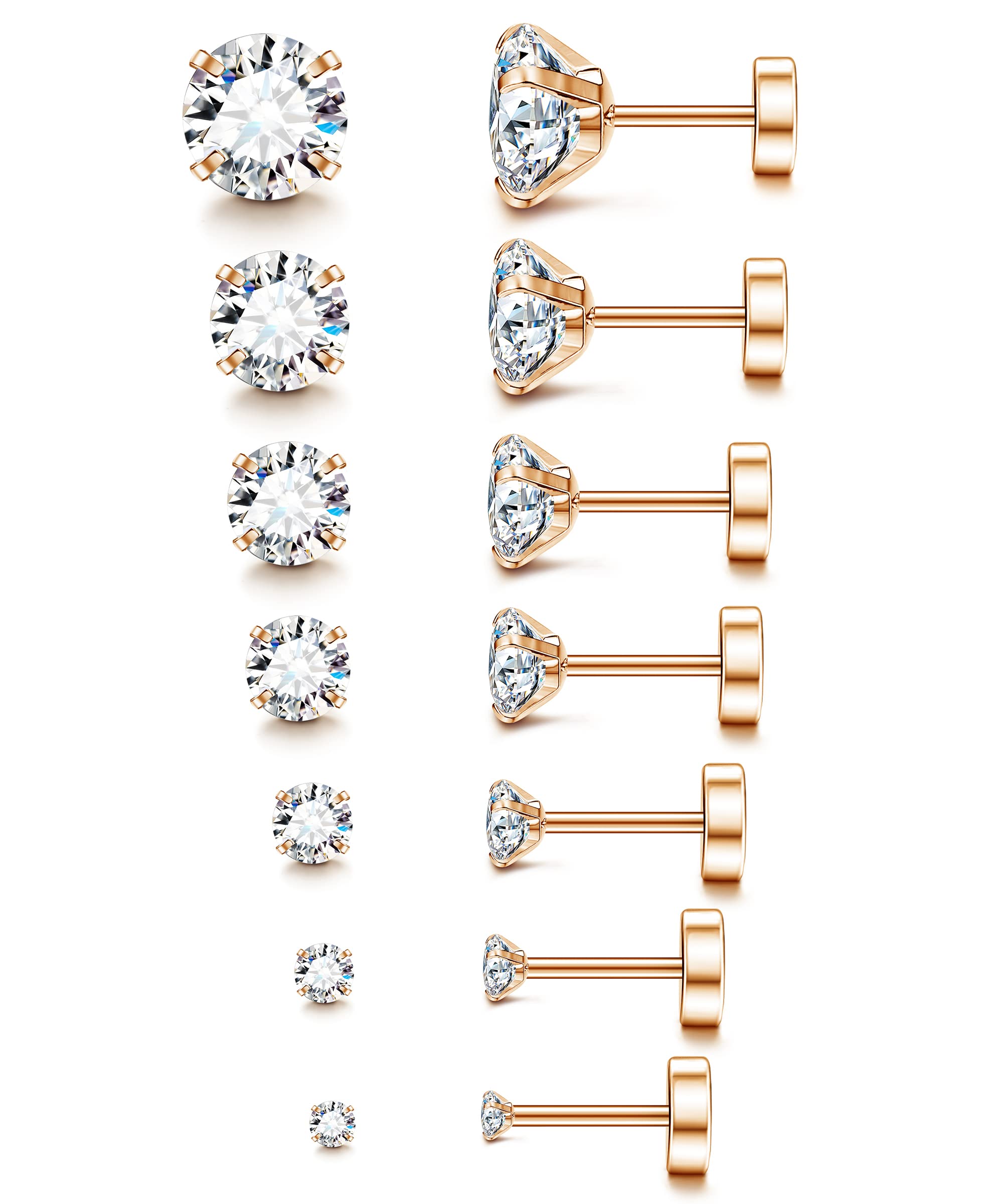 20G Hypoallergenic Flat Back Earrings for Women Men Silver 14K Gold Stainless Steel Stud Earrings Birthstone Cubic Zirconia Studs Surgical Steel Cartilage Earrings for Sensitive Ears