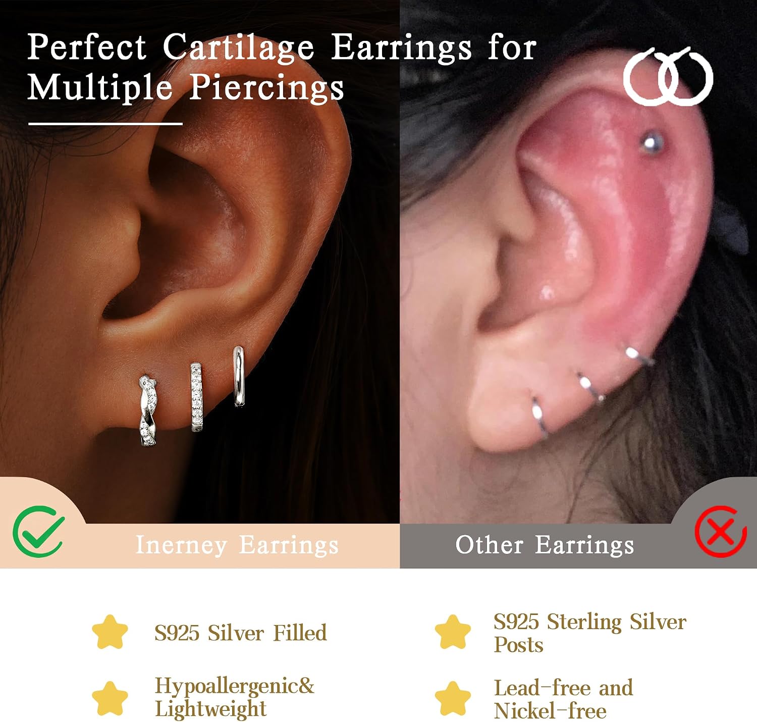Inerney 14K Gold Plated Huggie Hoop Earrings for Women, Small Sterling Silver Earring Set Hypoallergenic Cartilage Helix Stacks, Mini Dainty Cute Trendy Birthstone Jewelry Gift for Multiple Piercings