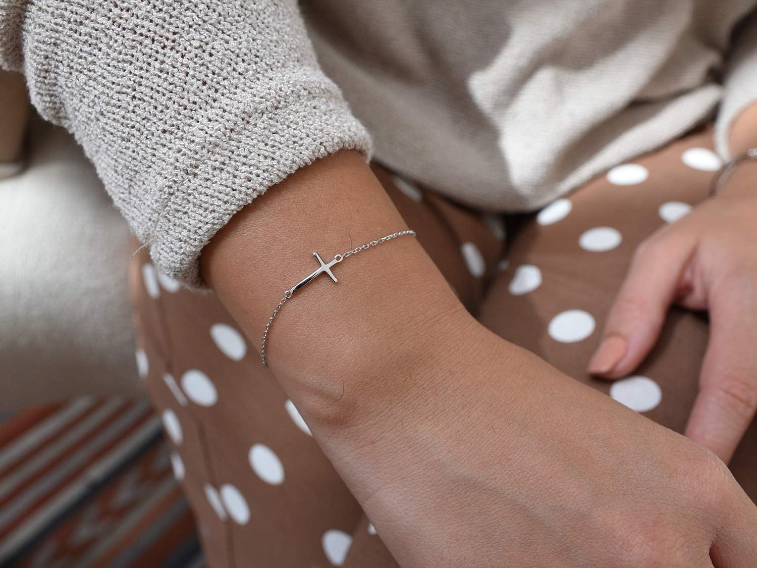 Dainty Sideways Cross Bracelet in Sterling Silver - Celebrity Style Horizontal Cross Bracelet