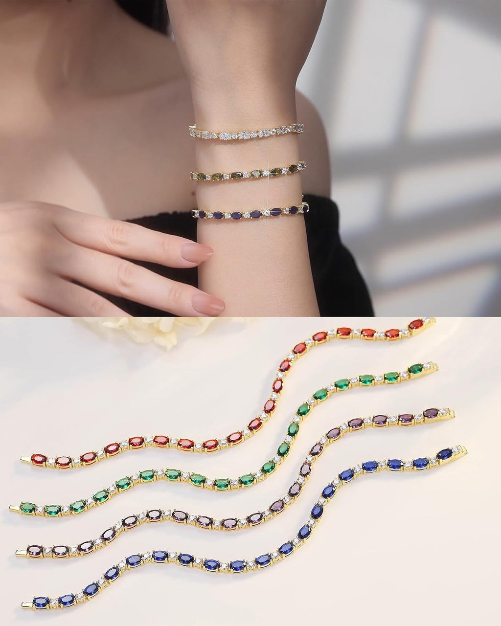 FANCIME 14K Gold Plated Birthstone Bracelets 4mm Sterling Silver Tennis Bracelets Gold Bracelets Birthday Jewelry Gifts for Women 7"