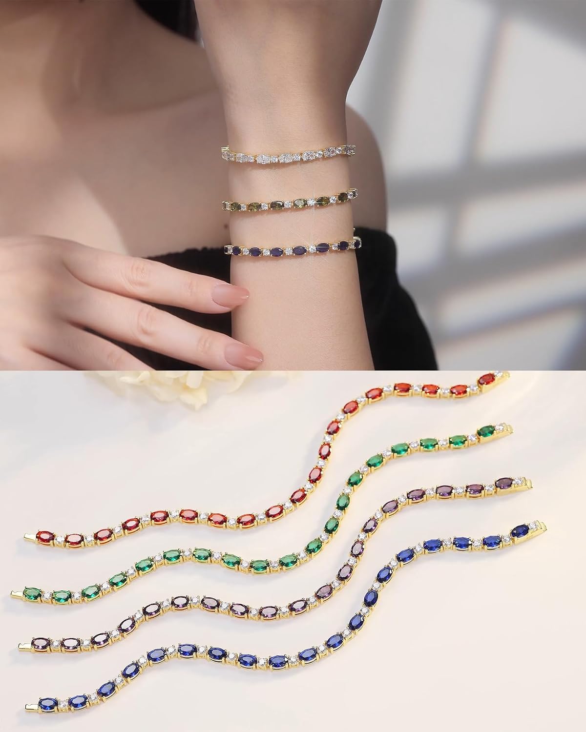 FANCIME 14K Gold Plated Birthstone Bracelets 4mm Sterling Silver Tennis Bracelets Gold Bracelets Birthday Jewelry Gifts for Women 7"