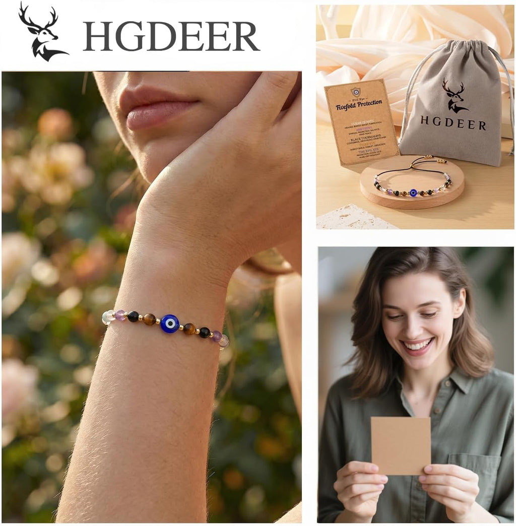 HGDEER Evil Eye Bracelets, Crystal Lucky Protection Gifts for Women Girls | Amethyst Clear Quartz Black Tourmaline & Tiger Eye 4mm Beads, Mal de Ojo Good Luck Charm, Adjustable String Fits 10.2 in