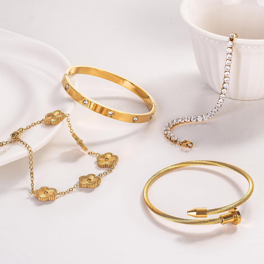 18K Gold Plated Bangle Bracelet Set for Women Stackable Lucky Floral Adjustable Tennis Bracelet Non Tarnish Gift Jewelry for Christmas Valentines Birthday Mother's Day
