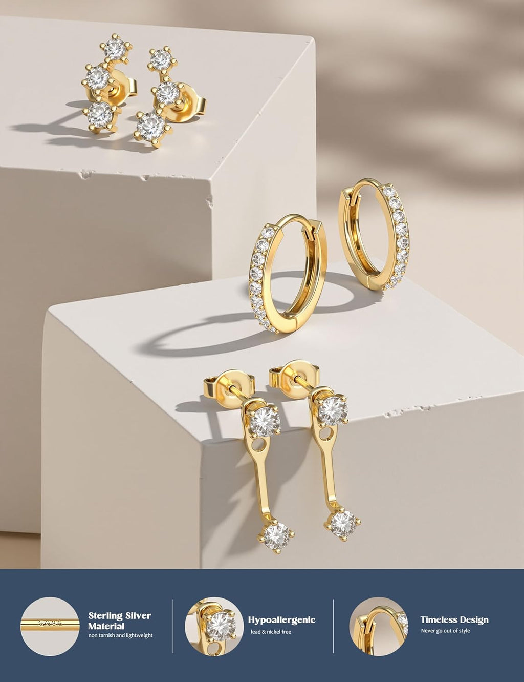 3 Pairs 925 Sterling Silver Hypoallergenic Earrings for Women Trendy - 14K Gold Plated Stud Hoop Cartilage Earrings Set Small Earring Stacks for Sensitive Ears Non Tarnish Dainty Silver Earring