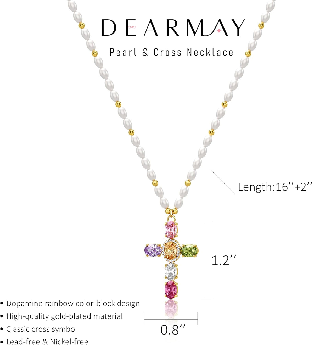 DEARMAY 14K Gold Plated Colorful CZ Cross Necklace for Women, Multi-Color Cubic Zirconia Beaded Station Chain Dainty Statement Pendant Jewelry Gifts