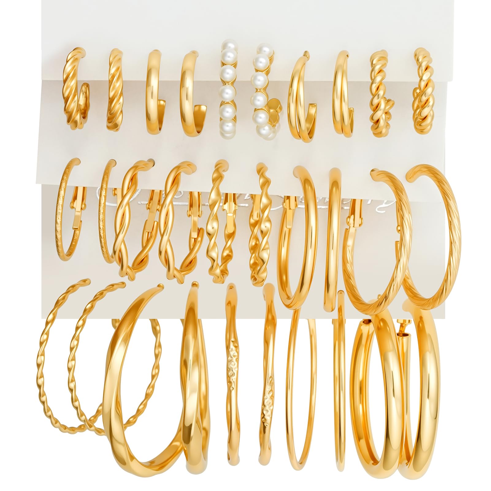12 Pairs Gold Hoop Earrings Set for Women，Fashion Jewelry Gifts 40mm/50mm | Large/Big, Trendy, Pearl, Multiple Styles, lightweight, 14K Gold-plated, Hypoallergenic, Great for Party/Gathering/Work/Daily
