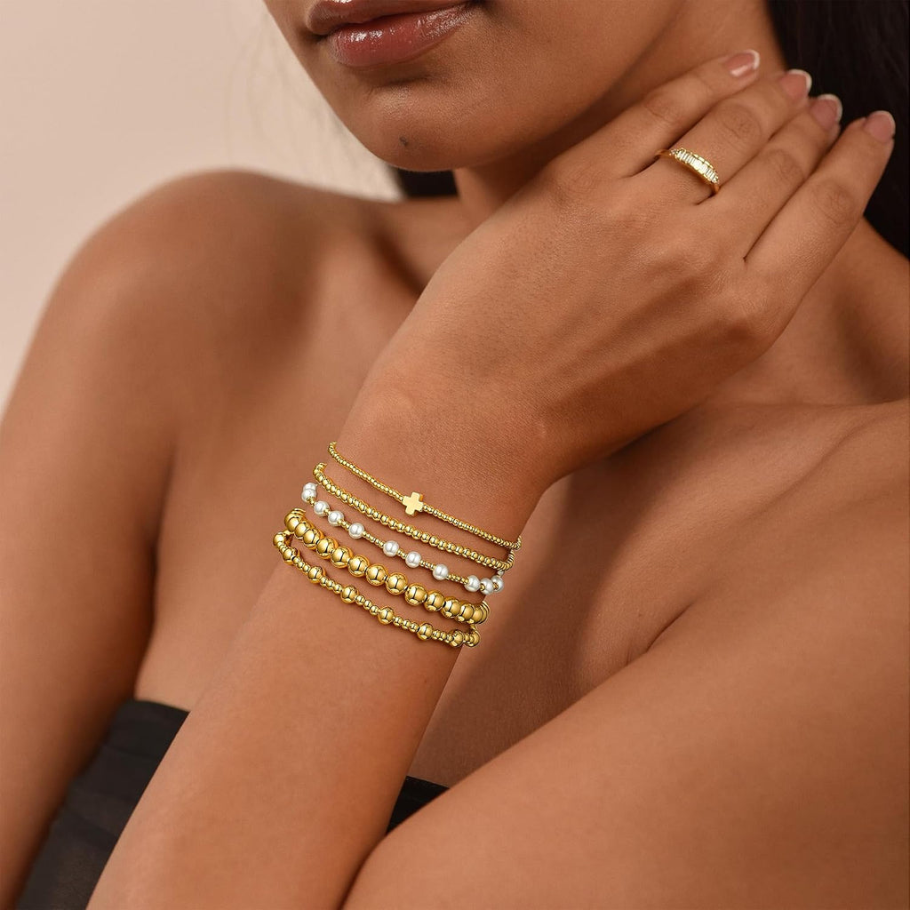 M MOOHAM Gold Beaded Bracelet Set for Women, Pearl Cross Stackable Jewelry | 14K Gold Plated Beaded Bracelets Set, Adjustable Stretch, Non Tarnish bracelet, Trendy Stackable Jewelry Gifts