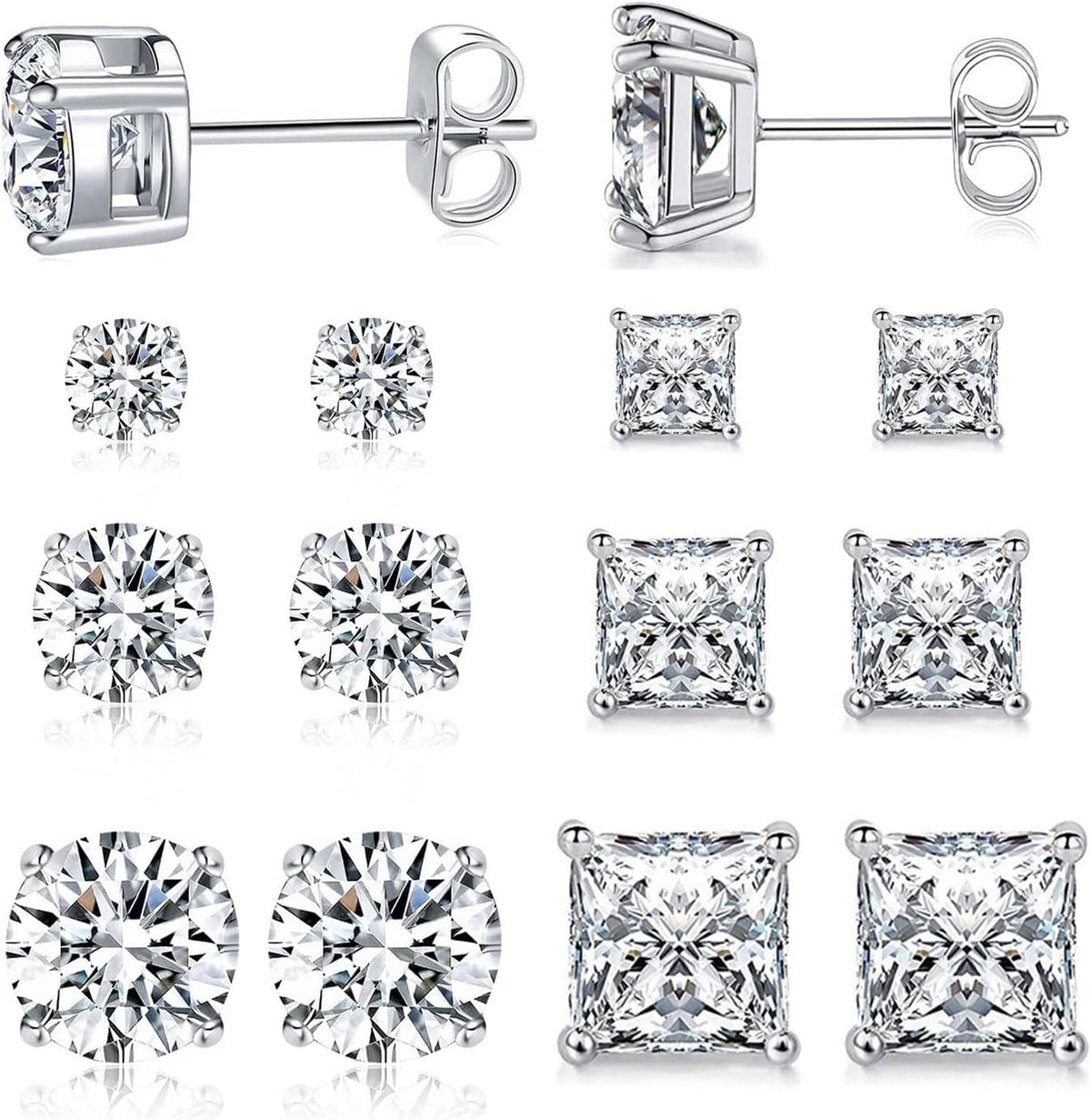 6 Pairs Stud Earrings for Men Women 316L Stainless Steel Earring | Hypoallergenic 3mm/5mm/7mm Princess & Round Cubic Zirconia Earring Set Surgical Steel CZ Ear Jewelry for Sensitive ears