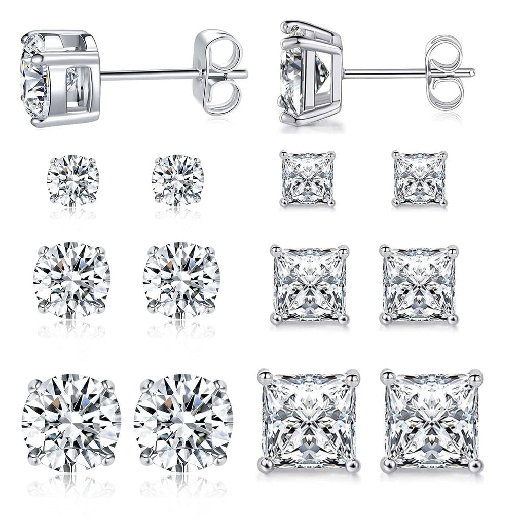 6 Pairs Stud Earrings for Men Women 316L Stainless Steel Earring | Hypoallergenic 3mm/5mm/7mm Princess & Round Cubic Zirconia Earring Set Surgical Steel CZ Ear Jewelry for Sensitive ears