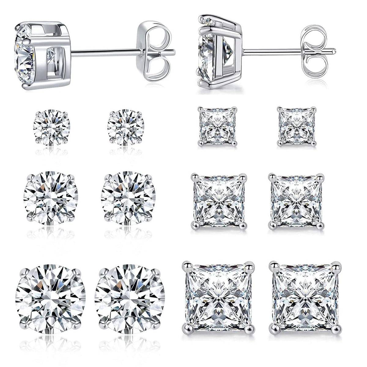 6 Pairs Stud Earrings for Men Women 316L Stainless Steel Earring | Hypoallergenic 3mm/5mm/7mm Princess & Round Cubic Zirconia Earring Set Surgical Steel CZ Ear Jewelry for Sensitive ears