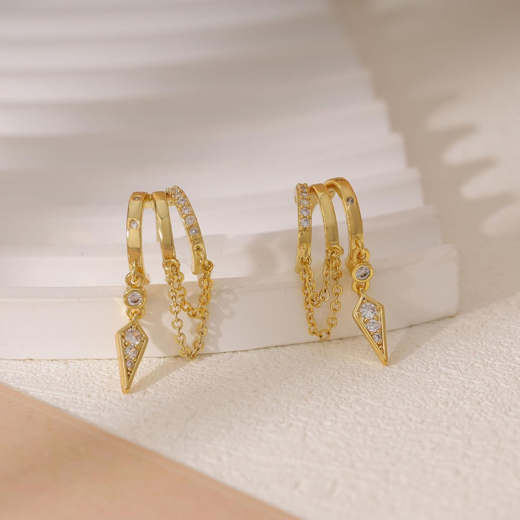 Dangle Earrings for Women,14k Gold Plated Triple Huggie Stud Earrings Cute Statement Chain Earring Dainty Drop Earrings for Women Trendy Gold Plated Jewelry