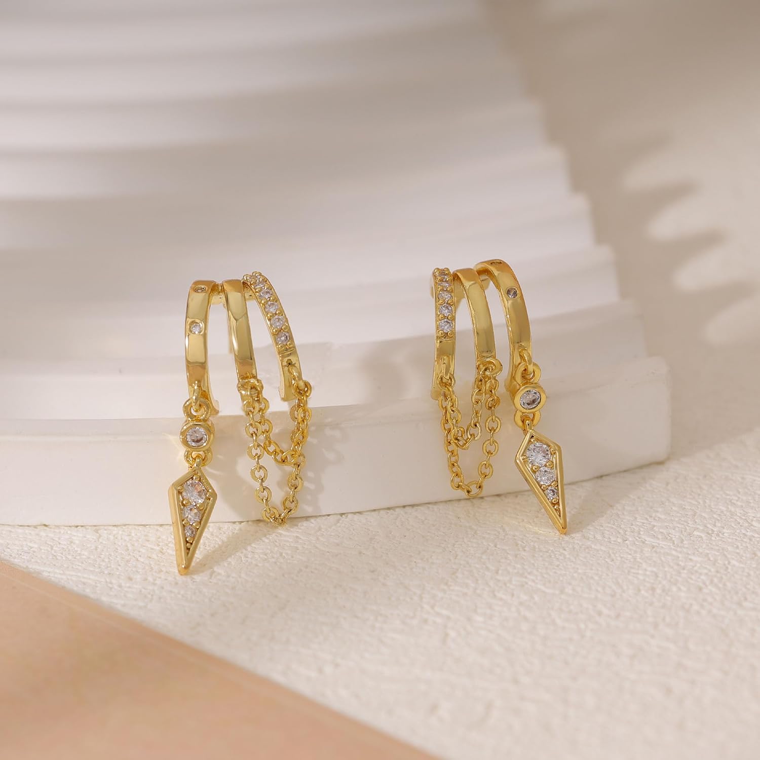 Dangle Earrings for Women,14k Gold Plated Triple Huggie Stud Earrings Cute Statement Chain Earring Dainty Drop Earrings for Women Trendy Gold Plated Jewelry