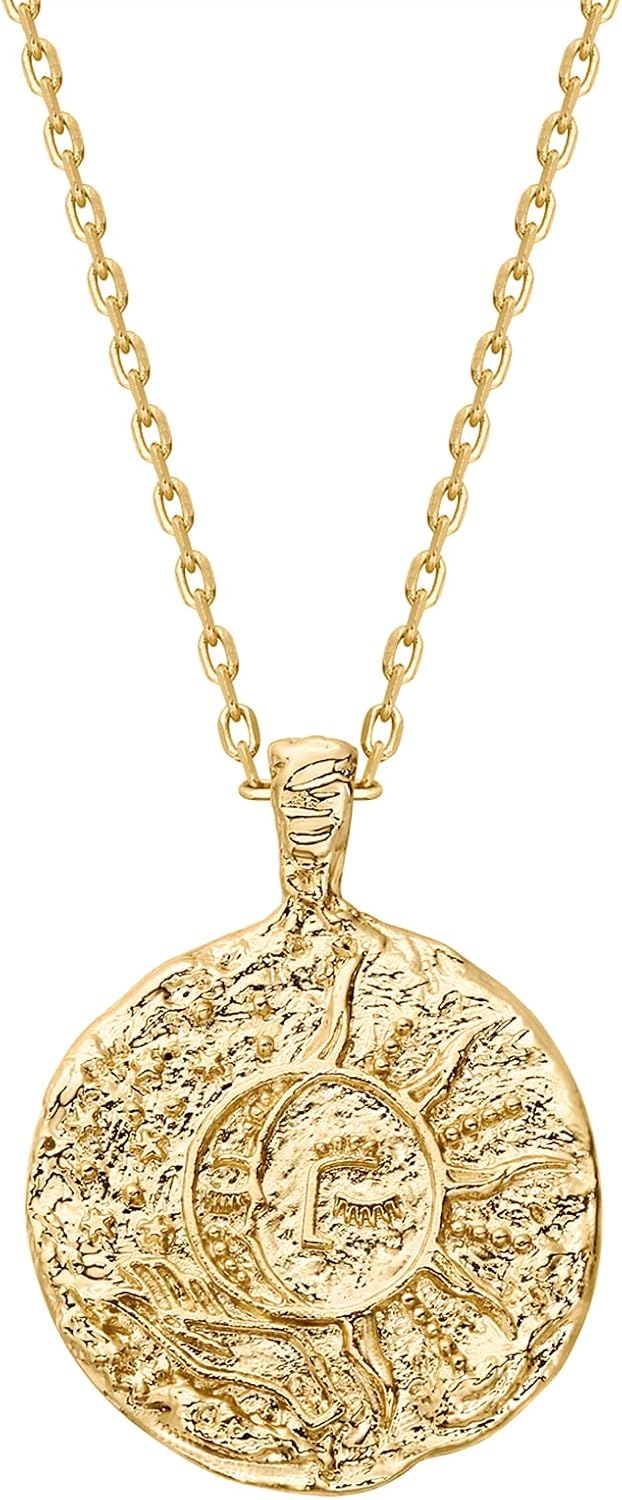 PAVOI 14K Gold Plated Engraved Coin Pendant Necklaces for Women | Byzantine Coin Pendants, Cute Celestial Necklaces Jewelry Gifts