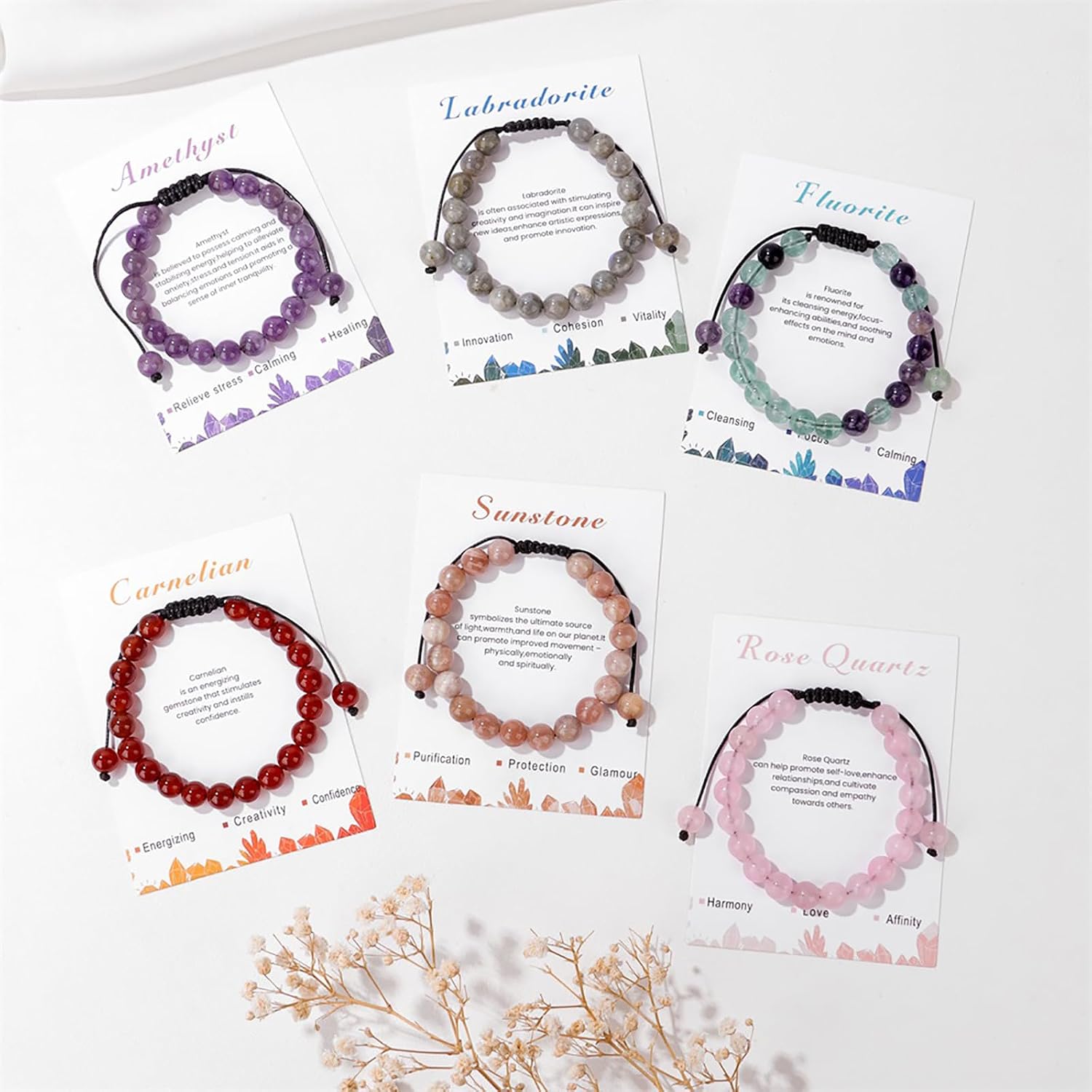 Healing Crystal Bracelet for Women 8mm Natural Stone Crystal Beaded Bracelets Adjustable Handmade Gemstone Bracelet Healing Jewelry Mother's Day Gifts for Women