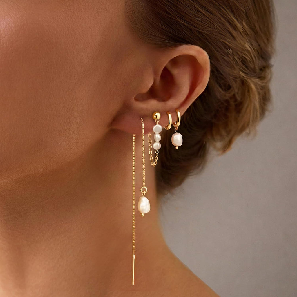 Moodear Gold Earrings for Women, 14K Plated Pearl Huggie Hoop Drop Jewelry | Hypoallergenic Lightweight Pearl Hoop Earrings Designed for Multiple Piercings, Cartilage Styling with Everyday Wear