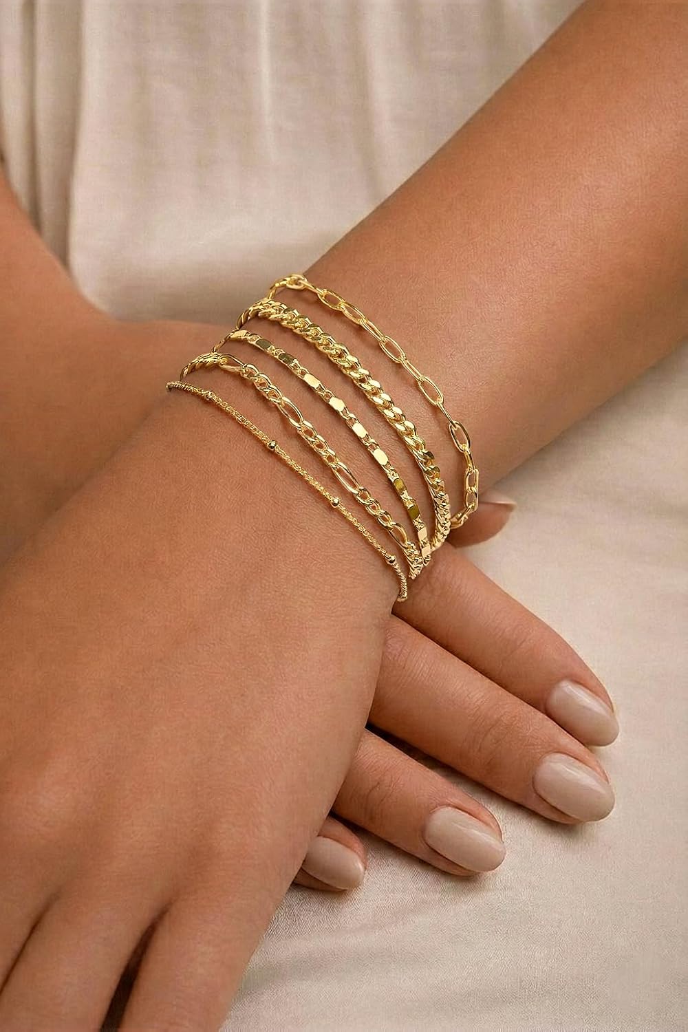 Gold Bracelets Set for Women Non Tarnish Trendy,14K Gold Plated Dainty Stackable Paperclip Cuban Link Chain Bracelets, Simple Cute Cuff Bracelets Jewelry Set Adjustable 7"+2"