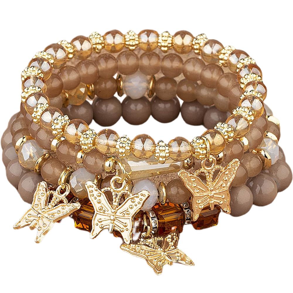4 Pcs Cute Butterfly Charm Bracelets Set Gold Beaded Stackable Stretch Bracelets Bohemian Summer Jewelry Gifts for Women