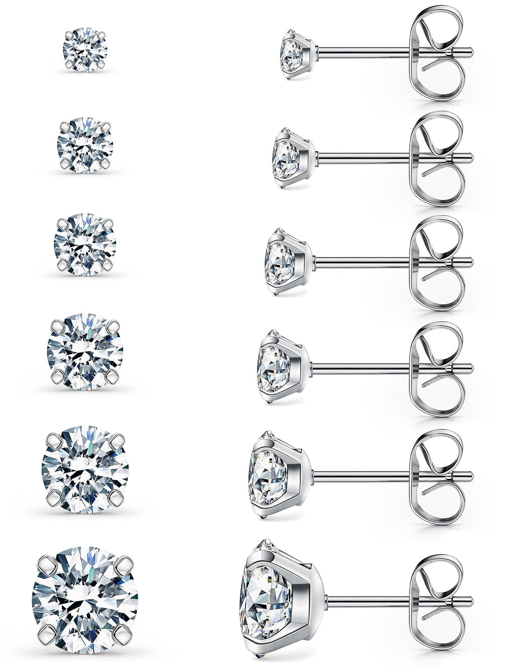 6 Pairs Stud Earrings Set, Hypoallergenic Cubic Zirconia 316L Earrings Stainless Steel CZ Earrings 3-8mm (Steel color)