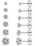 6 Pairs Stud Earrings Set, Hypoallergenic Cubic Zirconia 316L Earrings Stainless Steel CZ Earrings 3-8mm (Steel color)