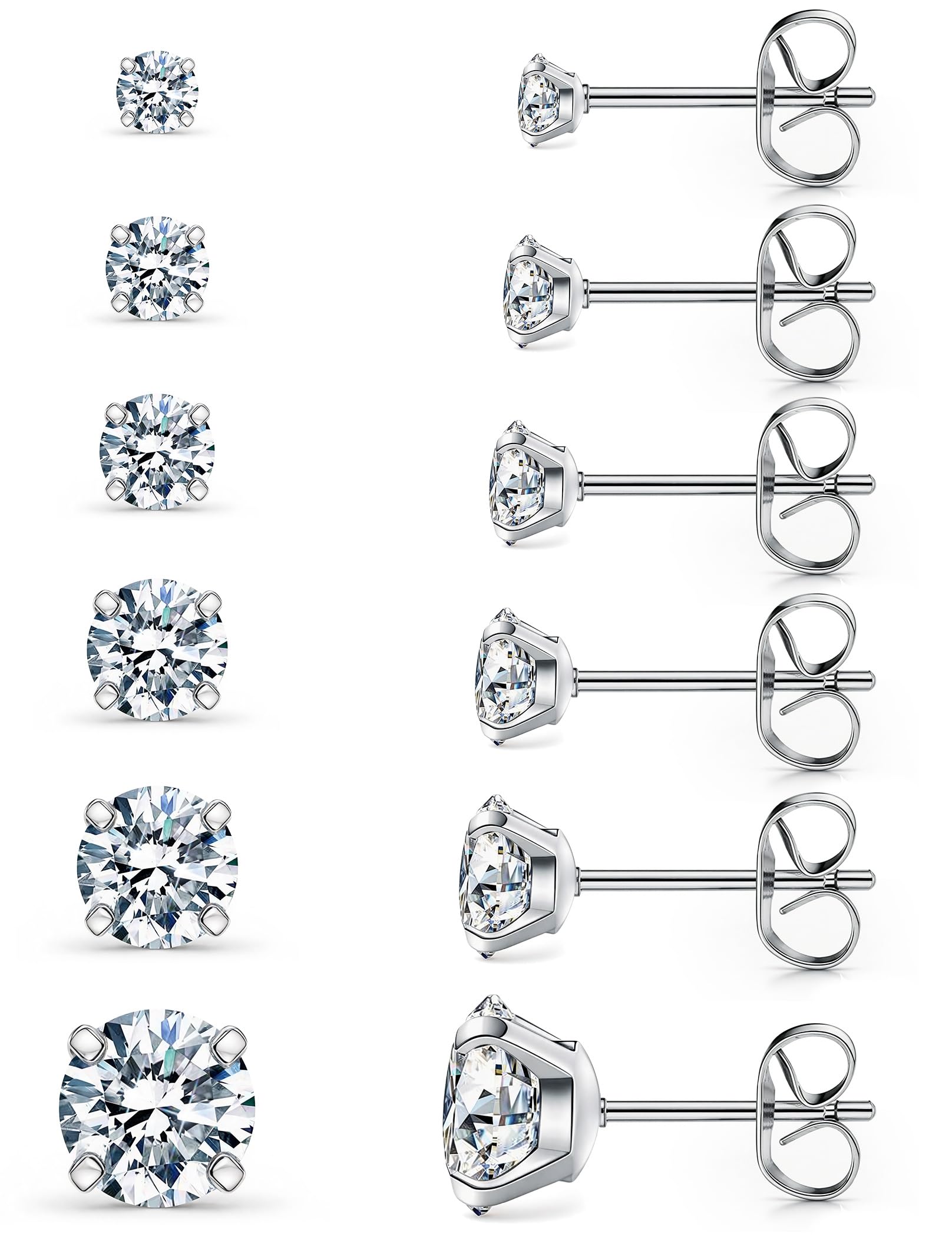 6 Pairs Stud Earrings Set, Hypoallergenic Cubic Zirconia 316L Earrings Stainless Steel CZ Earrings 3-8mm (Steel color)